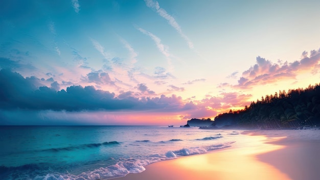 Une plage avec un coucher de soleil en arrière-plan