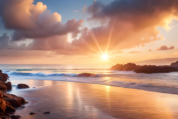 Une plage avec un coucher de soleil en arrière-plan