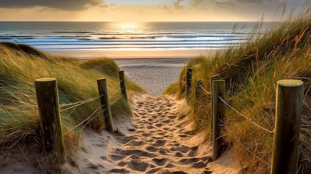 Une plage avec un coucher de soleil dessus