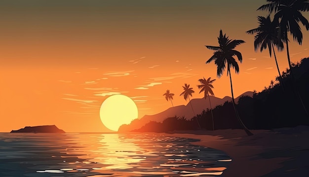 Plage de coucher de soleil d'été tropical Illustration avec un coucher de soleil captivant palmiers et l'océan