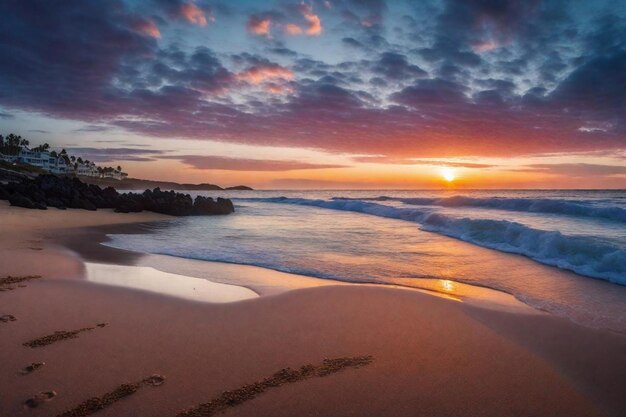 une plage avec un coucher de soleil et l'océan en arrière-plan