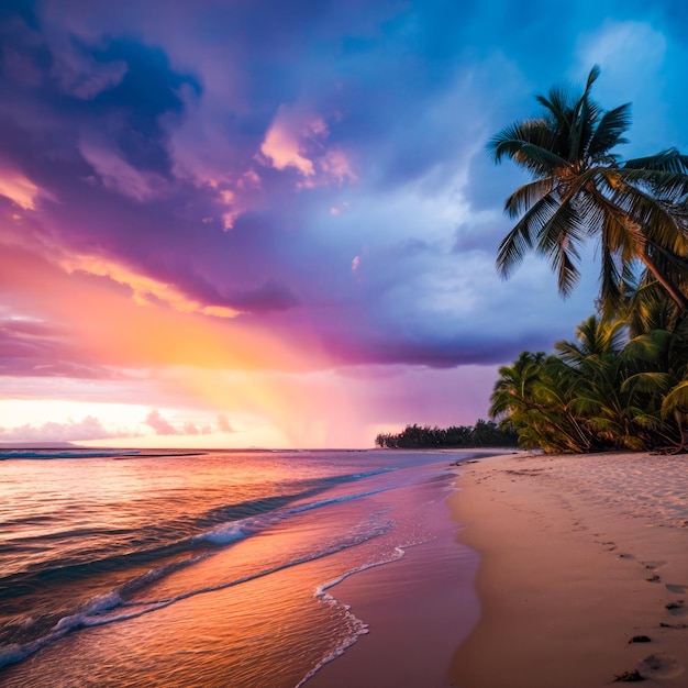 Une plage avec un coucher de soleil et des palmiers dessus