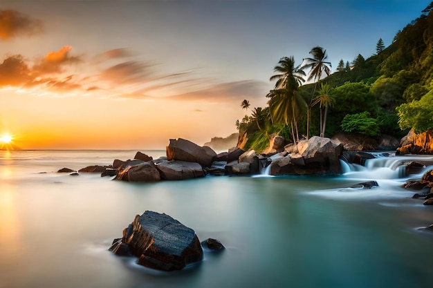 Une plage avec un coucher de soleil et des palmiers