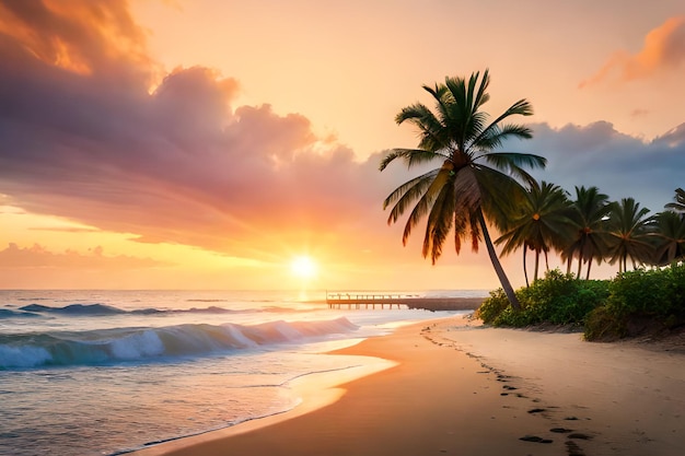 Une plage avec un coucher de soleil et des palmiers