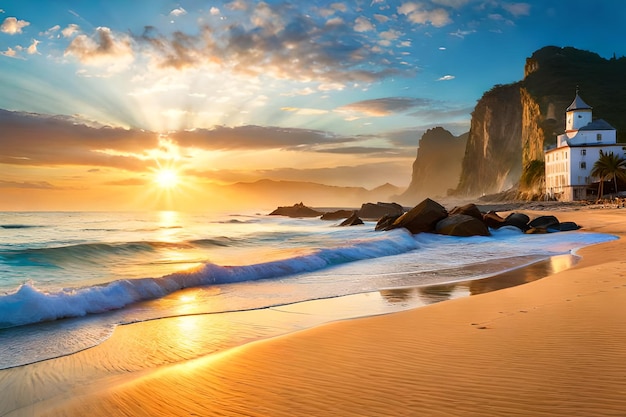 Une plage avec un coucher de soleil et le soleil qui brille à travers les nuages