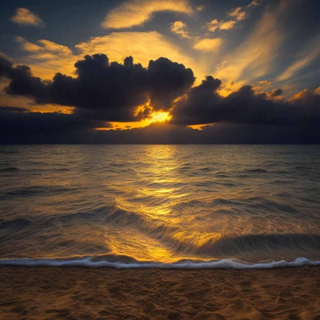 Une plage avec un coucher de soleil et le soleil qui brille à travers les nuages