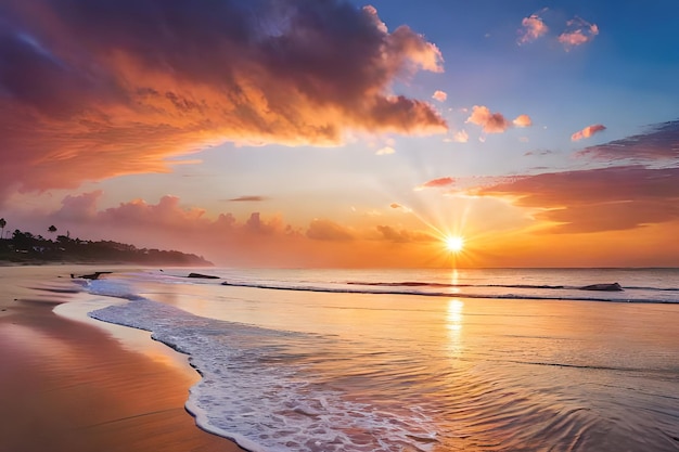 Une plage avec un coucher de soleil et le soleil qui brille à travers les nuages