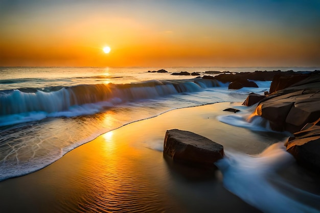 Une plage avec un coucher de soleil et des vagues