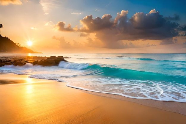 Une plage avec un coucher de soleil et des vagues