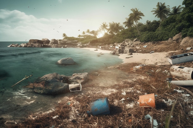 Une plage avec des déchets et un baril bleu avec le mot poubelle dessus.