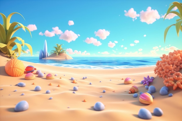 Plage de dessin animé avec illustration de style 3D ciel bleu