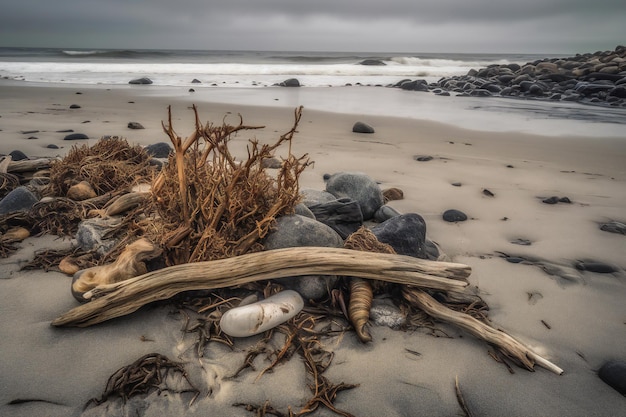 Une plage avec du bois flotté et des rochers dessus