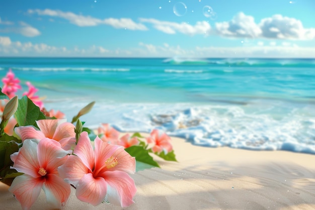 Plage du paradis Plumeria de sable blanc Vagues de l'océan Plage exotique Vacances tropicales Fleurs d'hibiscus