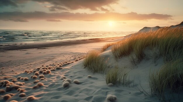 une plage avec des dunes de sable et des coquillages