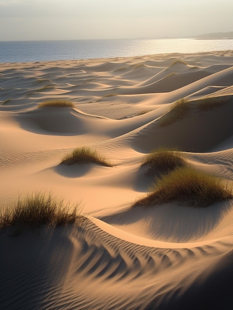 Une plage avec des dunes de sable et le coucher du soleil