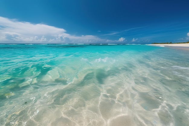 Une plage avec une eau bleue claire et une plage de sable blanc et un ciel bleu.