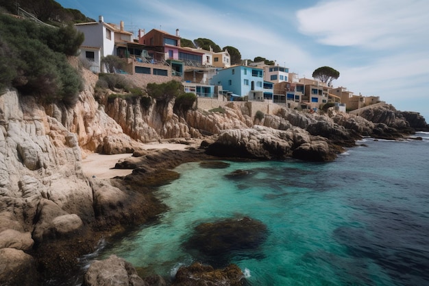 Une plage avec une eau bleue et une maison sur le côté gauche.