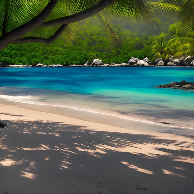 Une plage avec une eau bleue et la plage est entourée d'arbres et de l'océan