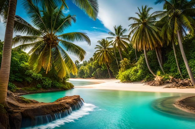 Une plage avec une eau turquoise et des palmiers