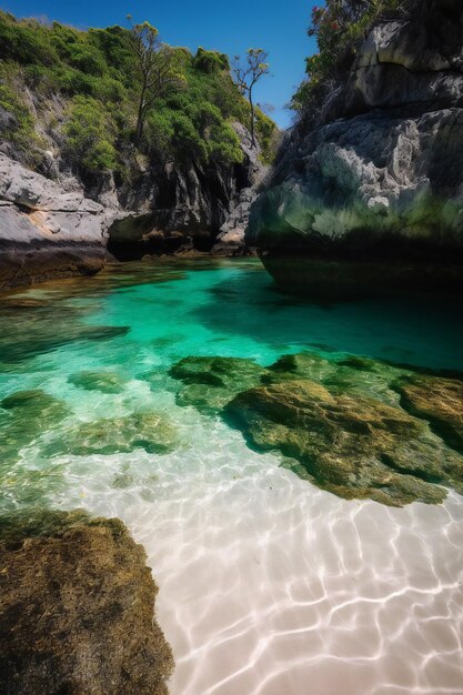 Une plage avec une eau verte et un ciel bleu