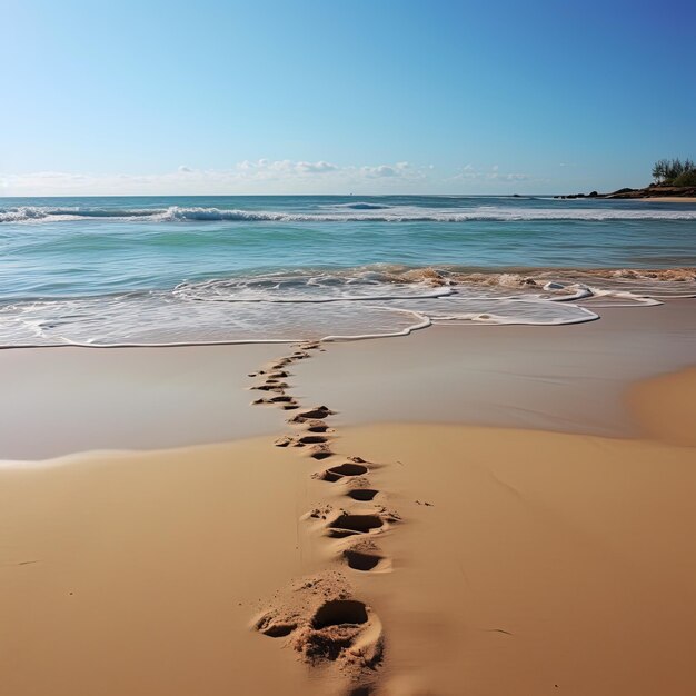 une plage avec des empreintes dans le sable et l'océan en arrière-plan