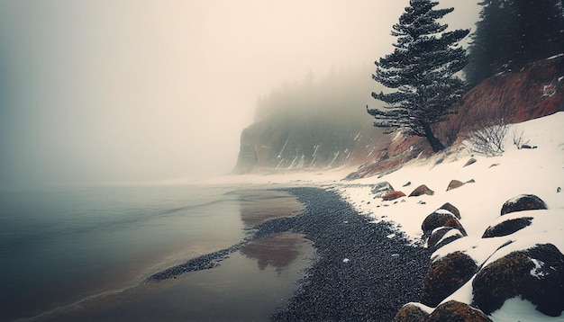 Une plage enneigée avec un arbre sur le rivage