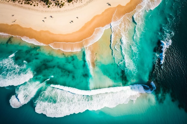 Une plage ensoleillée avec un océan limpide et des vagues prises d'en haut depuis un drone