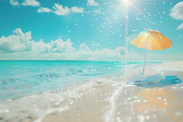 Une plage ensoleillée avec un parapluie et de l'eau gazeuse