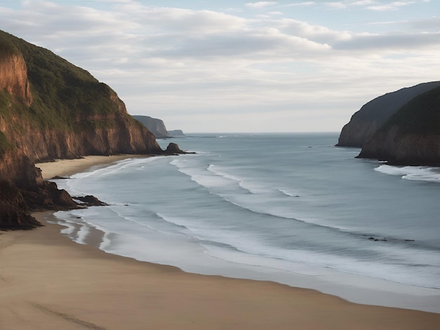 Une plage entre des criques avec un ciel bleu avec quelques nuages gris