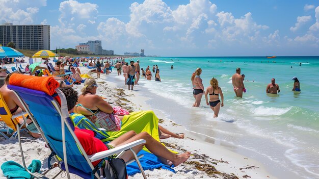 Photo la plage est bondée de baigneurs et de nageurs qui apprécient le temps chaud. la plage était bordée d'hôtels et de condominiums de grande hauteur.