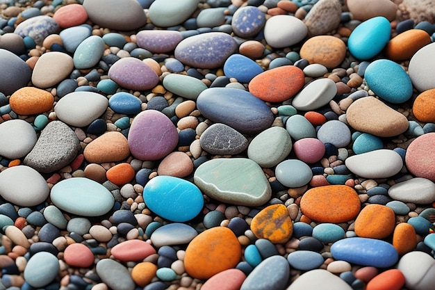 La plage est colorée de cailloux sur un fond de pierre.