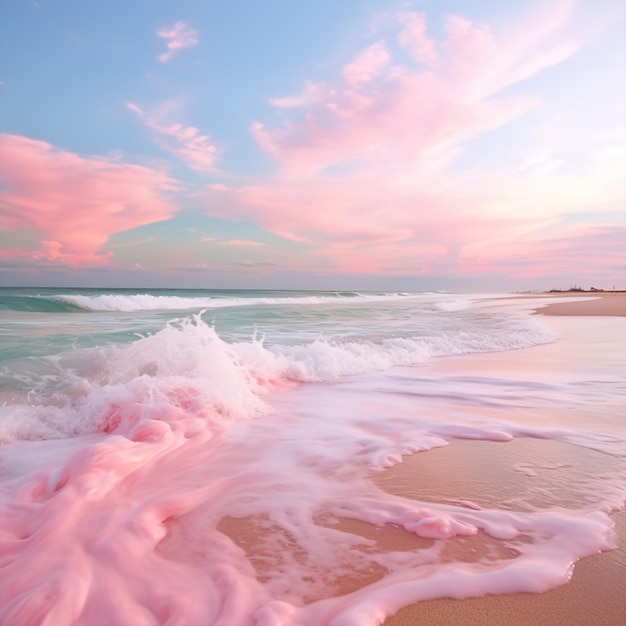 La plage est rose, le ciel est rose, l'eau est rose.