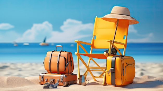 plage d'été avec accessoire de voyage valise de rendu 3d illustration 3d