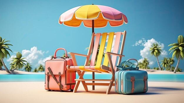 plage d'été avec accessoire de voyage valise de rendu 3d illustration 3d