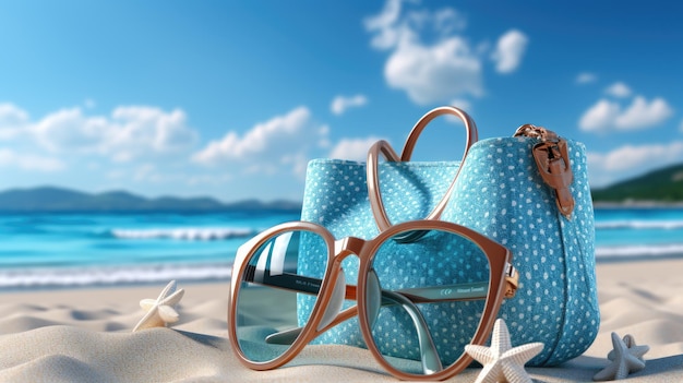 plage d'été avec accessoire de voyage valise de rendu 3d illustration 3d