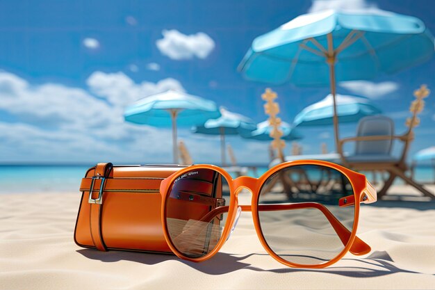 plage d'été avec accessoire de voyage valise de rendu 3d illustration 3d