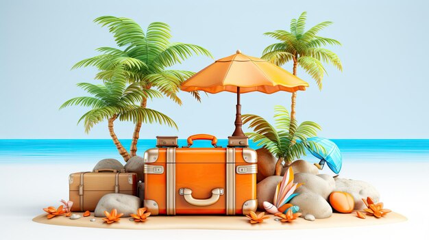 plage d'été avec accessoire de voyage valise de rendu 3d illustration 3d