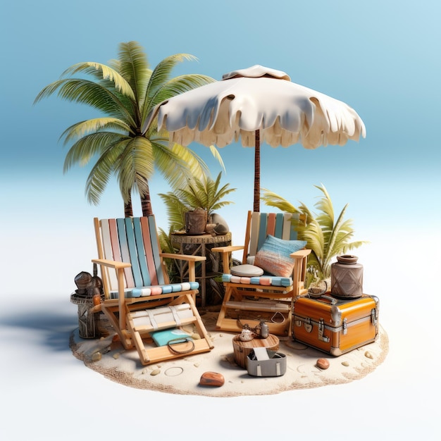 plage d'été avec accessoire de voyage valise de rendu 3d illustration 3d