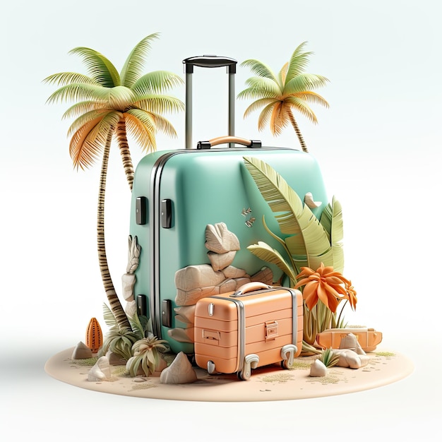 plage d'été avec accessoire de voyage valise de rendu 3d illustration 3d