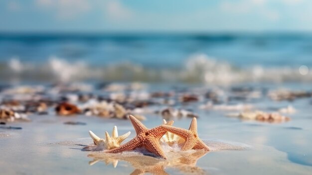 Plage d'été en bord de mer avec des coraux de coquilles d'étoiles de mer sur le sable ai génératif