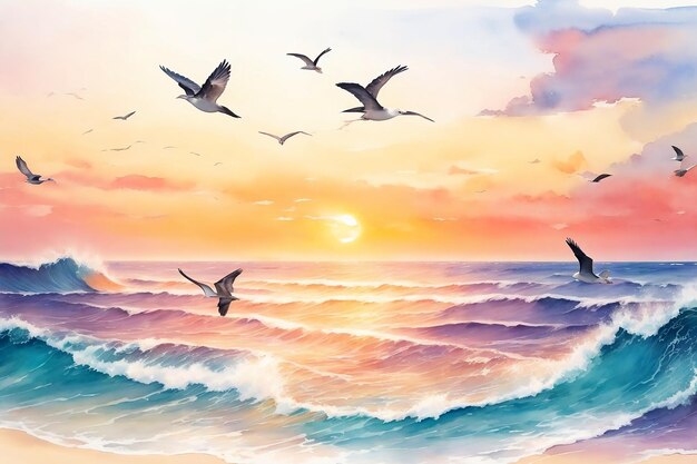 Plage d'été colorée et nuageuse au coucher du soleil avec océan orageux et paysages d'aquarelle naturelle d'oiseaux volants