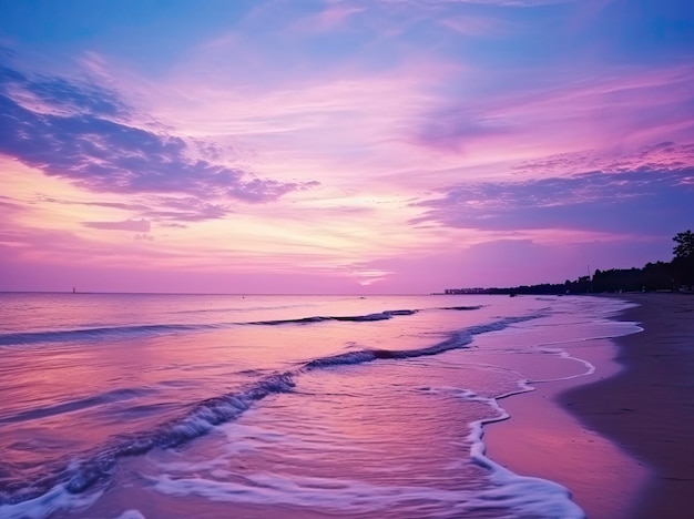 Plage d'été avec eau bleue et ciel violet au coucher du soleil