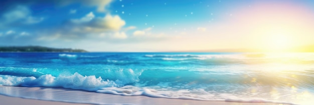 Photo plage d'été tropicale avec des rayons de soleil plage de sable clair l'eau de l'océan scintille contre le ciel bleu