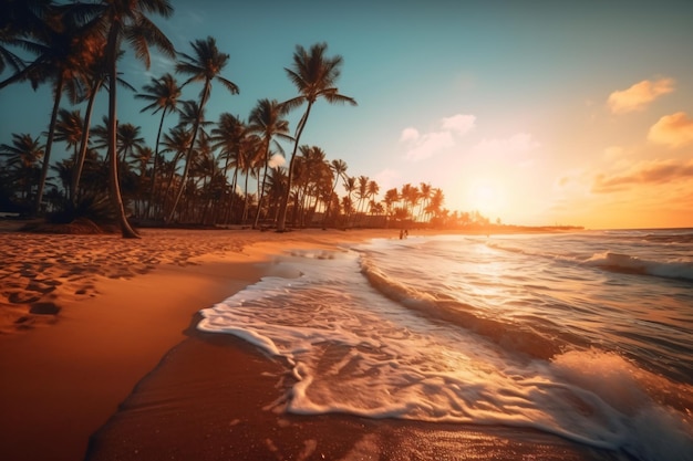 Plage exotique ensoleillée au bord de l'océan avec des palmiers au coucher du soleil vacances d'été au bord de la mer photographie