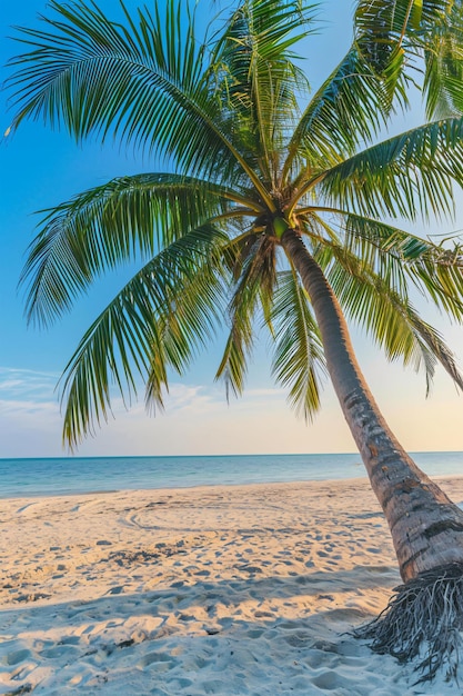 Photo plage exotique ensoleillée au bord de l'océan avec des palmiers au coucher du soleil vacances d'été ia générative