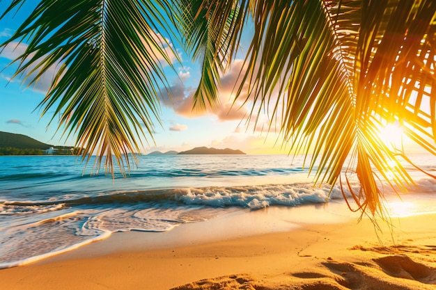 Plage exotique ensoleillée au bord de l'océan avec des palmiers au coucher du soleil vacances d'été IA générative