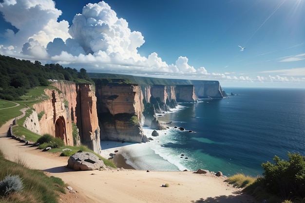 Une plage avec une falaise en arrière-plan