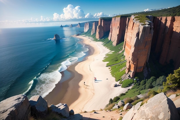 Une plage avec une falaise en arrière-plan