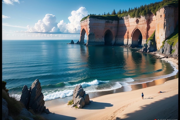 Une plage avec une falaise en arrière-plan