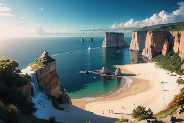 Une plage avec une falaise et une cascade